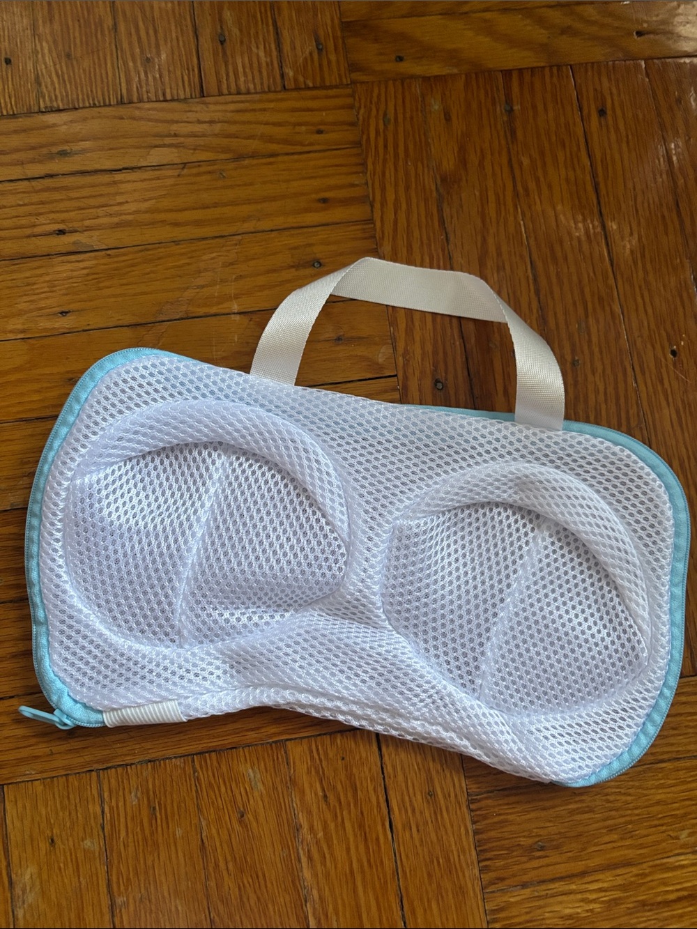 Bra Wash/Holder Mesh Bag - White with Light Blue Trim